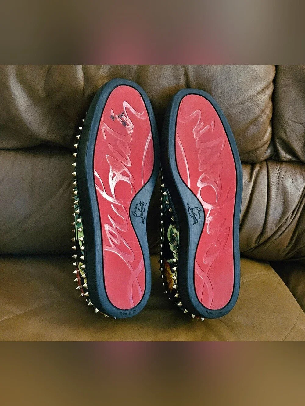 Men's Christian Louboutin Floral Spike-Studded Slip-On Loafers Size 11 US